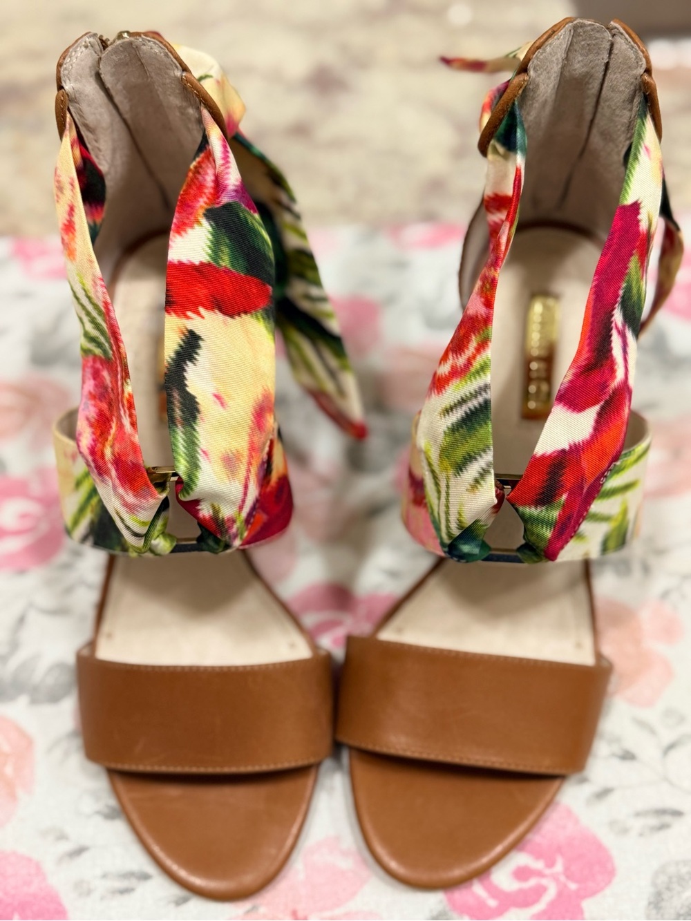 Louise et Cie Tan Heeled Sandals with Multicolor Floral Ankle Wraps
